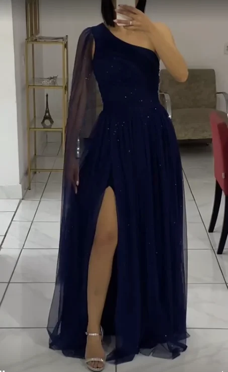 Navy Blue One Shoulder A-Line Tulle Long Evening Party Dress with Split, DP4049 Tunics Winter warm