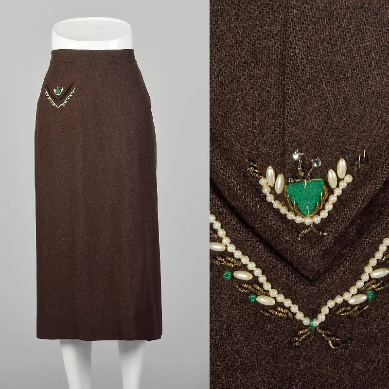 Medium 1950s Brown Wool Skirt With Decorative Beading cashmere skirt soft