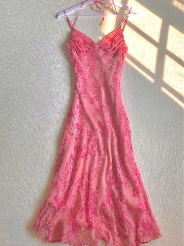 Pink Halter Straps Printed Chiffon Long Party Dress, DP4082 Tunics Plaid country