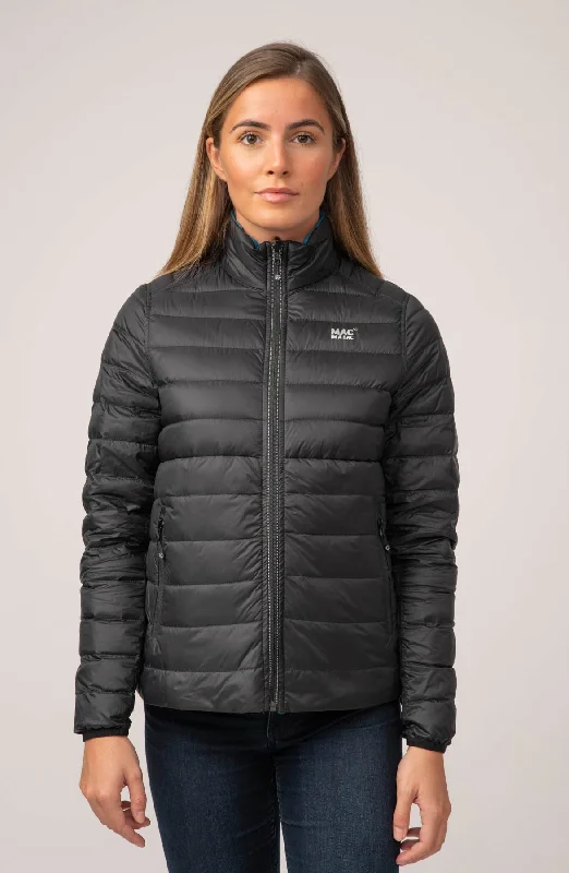Polar II Womens Down Jacket - Jet Black Teal Front Pockets Side Pockets Patch Pockets