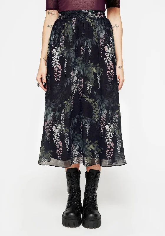Wisteria Floral Print Chiffon Midi Skirt cotton skirt soft