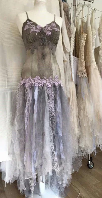 Grey Straps Tulle Appliques A-Line Vintage Long Party Dress , DP4325 Tunics Luxurious premium