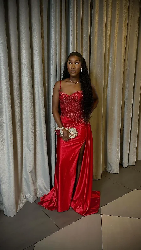 Charming Red Spaghetti Straps Split Long Party Dress Formal Evening Gown, DP4495 Tunics Short Trendy Charming Red Spaghetti Straps Split Long Party Dress Formal Evening Gown, DP4495 Tunics Short Trendy