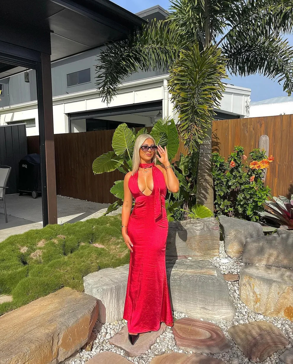 Sexy Red Halter V Neck Sheath Satin Long Party Dress, DP4260 Tunics Print Colorful