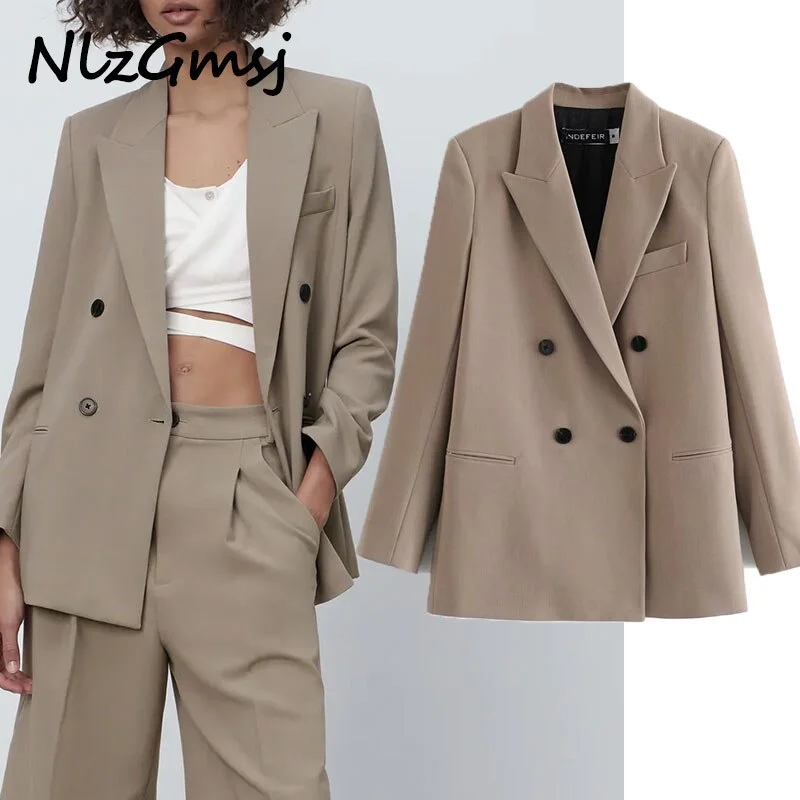 Nlzgmsj Za Blazer Women 2022 Khaki Blazer Woman Office Casual Spring Jacket Women Pocket Long Sleeve Female Coat 202203 Zippered Front Buttoned Front Snap Front