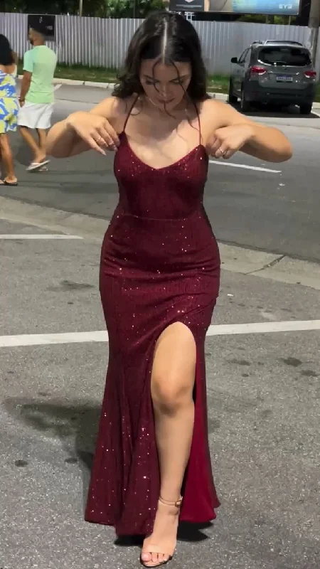 Shiny Burgundy Straps Sheath Long Party Dress Evening Gown, DP4355 Tunics Winter warm