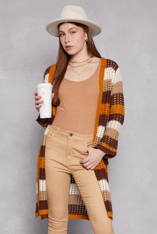 Crochet Striped Long Sleeve Cardigan Boat Neck Shawl Collar Notched Collar