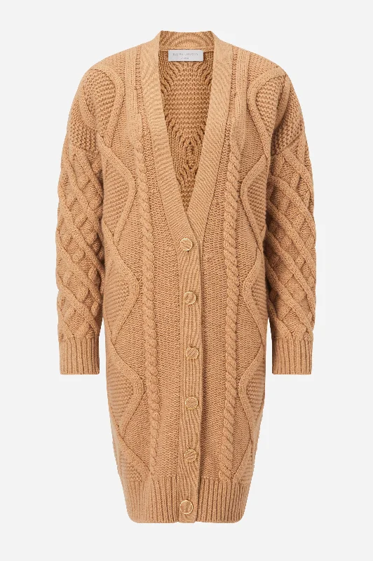 Camel Cashmere Chunky Cable Knit Cardigan Spandex Rayon Corduroy