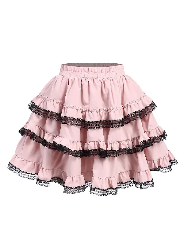Pink 1980s Steampunk Lace Trimmed Layered Skirt corduroy skirt durable