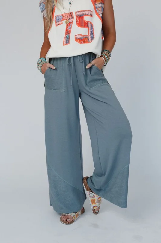 The Nest All Set Wide Leg Pants - Stormy Sea Chic Slim Fit Pants