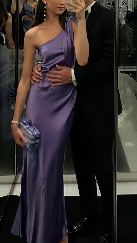 Sexy One Shoulder Purple Evening Dress Satin Slit Long Prom Party Dress cc1632 Tunics Yoga stretchy