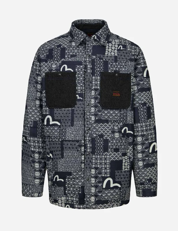 Allover Seagull and Kamon Print Loose Fit Padded Shirt Jacket Fitted Jacket Loose Jacket Oversized Jacket
