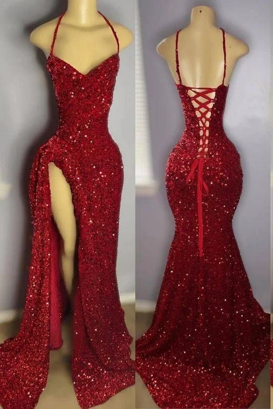 Sexy Red Spaghetti Straps Sequins Split Long Party Dress Evening Gown, DP4494 Tunics Print Colorful