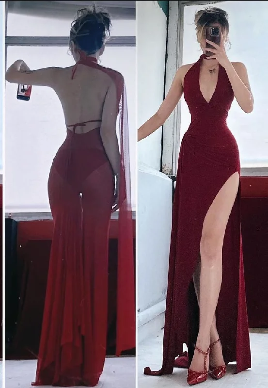 Burgundy Halter V Neck Sheath Split Sexy Long Party Dress, DP4356 Tunics Occasion special