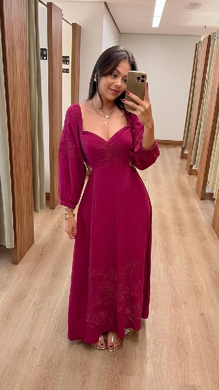 Fuchsia Long Sleeves A-Line Long Party Dress Fashion Vacation Dress, DP4334 Tunics Sale discount