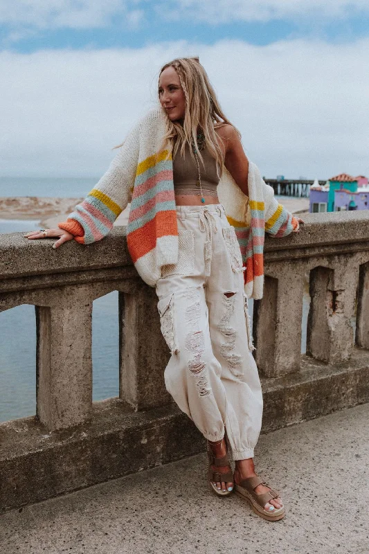 City Sky Distressed Pants - Oat High-Waist Trousers