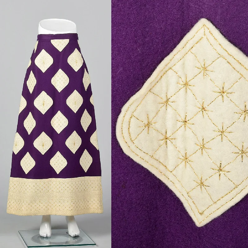 1970s Malcolm Charles Maxi Skirt, Purple Felt with Appliques zip skirt side