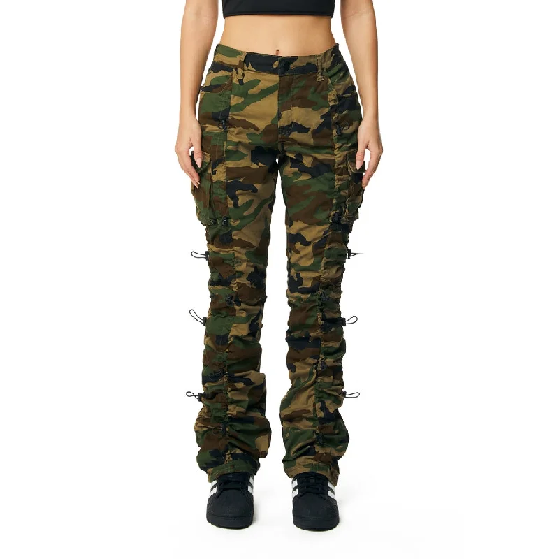 High Rise Stacked Multi Bungee Twill Pants - Wood Camo High-Waist Jeans