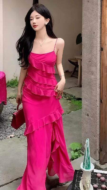 Pretty Hot Pink Ruffles Long Party Dress Chiffon Slit Prom Evenign Dress cc2235 Glittery Long Formal Pretty Hot Pink Ruffles Long Party Dress Chiffon Slit Prom Evenign Dress cc2235 Glittery Long Formal