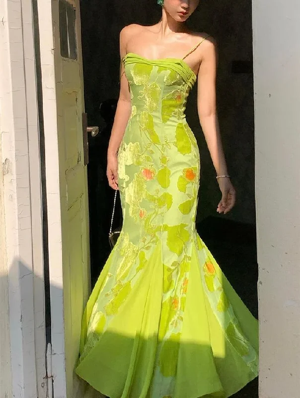 Unique Satin Print Floral Long Evening Gown Formal Mermaid Prom Dress Party Dress cc1501 Tunics Leisure comfortable