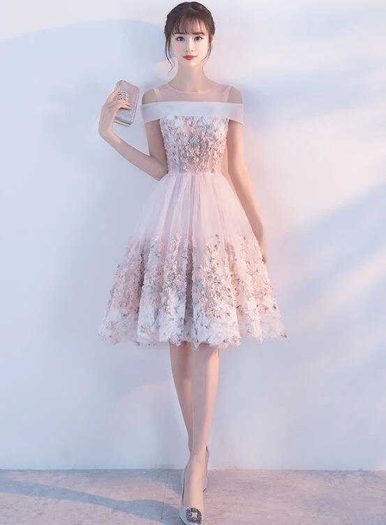 Cute Pink Round Neckline Flower Lace Short Party Dress, Pink Formal Dress Short Tunics Business professional Cute Pink Round Neckline Flower Lace Short Party Dress, Pink Formal Dress Short Tunics Business professional