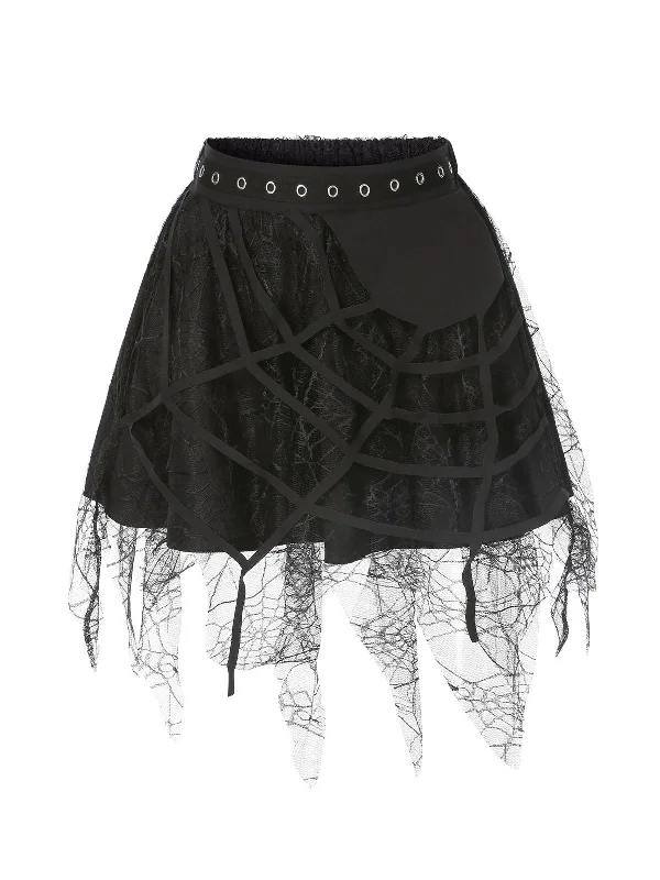 Black 1960s Grommet Halloween Spider Web Lace Skirt chiffon skirt lightweight