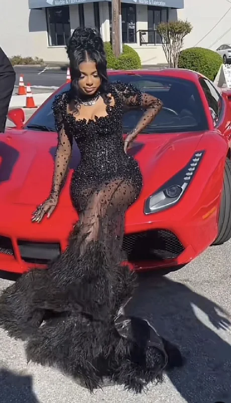 Gorgeous Black Mermaid Beaded Feathers Evening Gown,Formal Prom Party Dress cc2517 Off-the-shoulder Bohemian Festive Gorgeous Black Mermaid Beaded Feathers Evening Gown,Formal Prom Party Dress cc2517 Off-the-shoulder Bohemian Festive