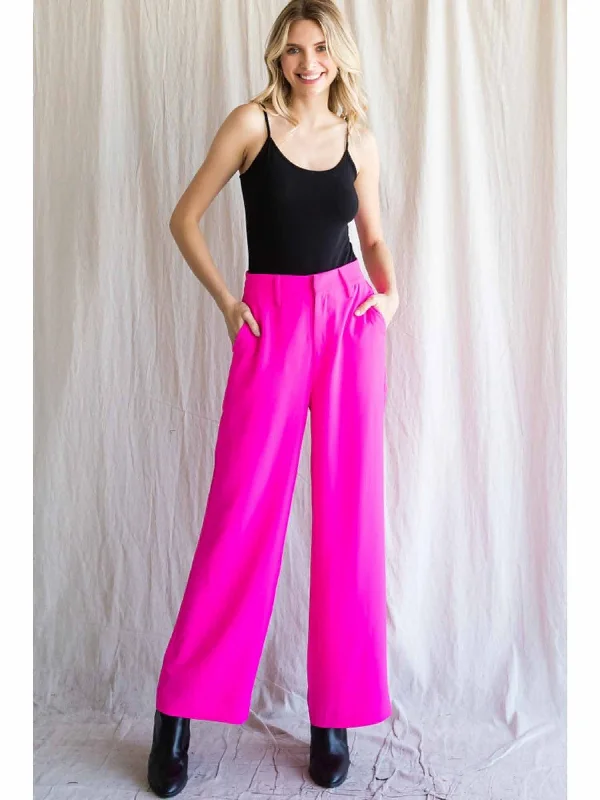 Hot Pink Wide Leg Pants with Pockets by Jodifl Elegant Wool Trousers