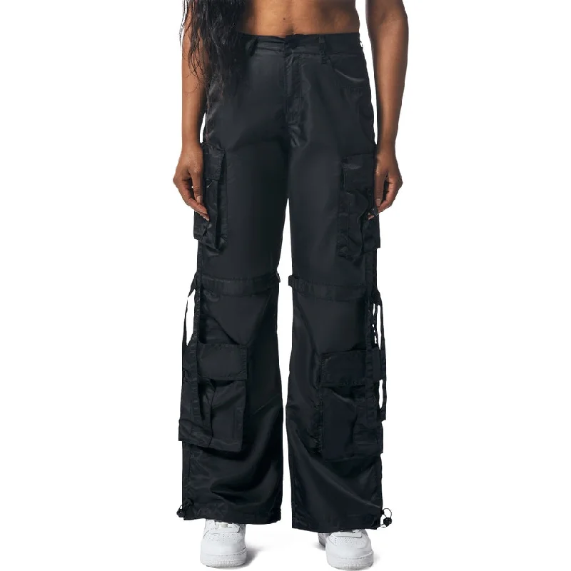 Relaxed Slouch Utility Satin Pants - Black Fashionable Button-Up Pants