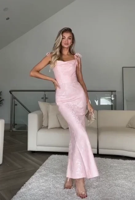 Pretty Straps Floral Print Prom Evening Gown Pink Mermaid Party Dress cc1611 Tunics Bridal satin