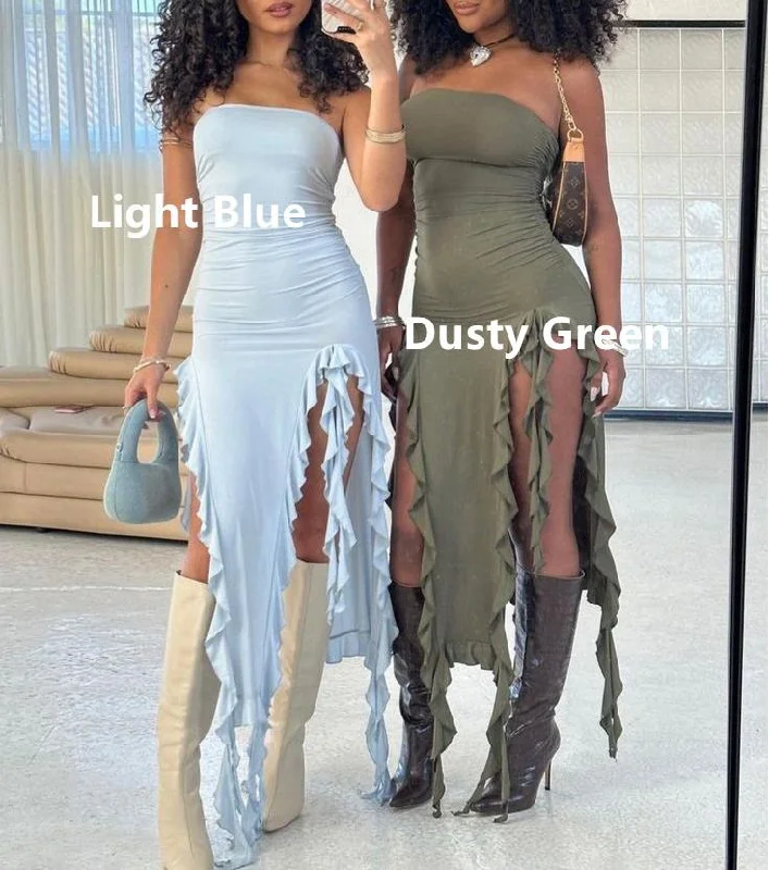 Light Blue Strapless Sheath Ruffles Long Party Dress Wedding Guest Dress, DP4423 Lace Sexy Club Light Blue Strapless Sheath Ruffles Long Party Dress Wedding Guest Dress, DP4423 Lace Sexy Club