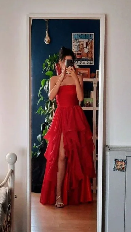 Sexy Red Tiered Tulle Long Prom Dress Strapless Slit A Line Evening Dress Party Dress cc1471 Tunics Exclusive limited