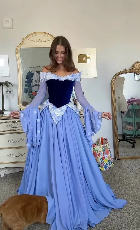 Blue Off Shoulder A-Line Long Sleeves Birthday Gown Party Dress, DP4307 Chiffon Maxi Beach