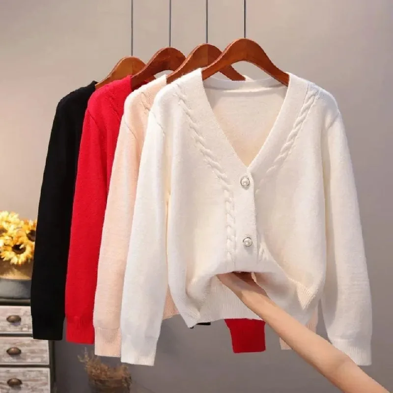 V-Neck Women Cardigan Sweaters Print Jacquard Patchwork