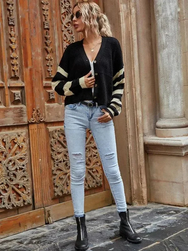 Knitted Striped Women Cardigan Sweater Ribbed Striped Patterned