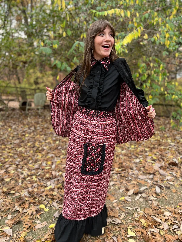 70s Vintage Black Pink Cotton Floral  Skirt Set, Left Field leather skirt bold