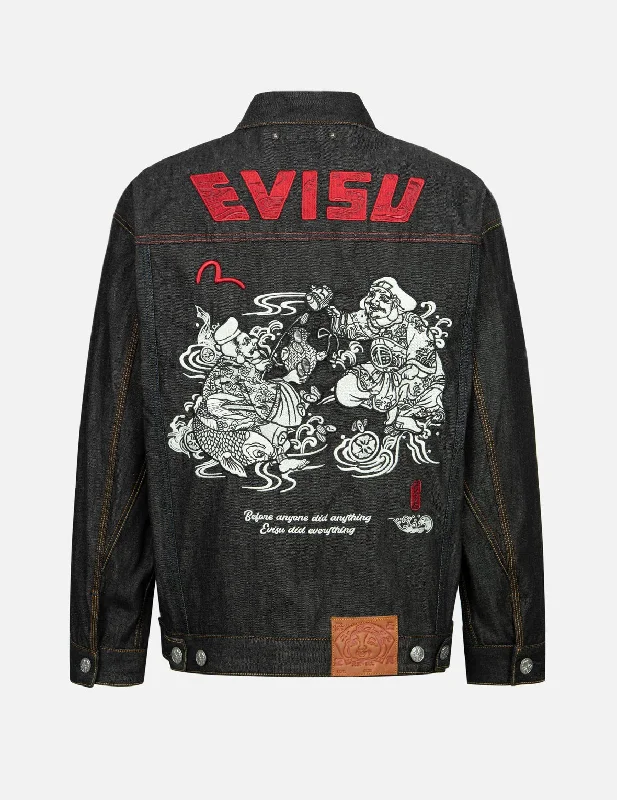 Two Gods Wealth Gathering Embroidery Loose Fit Kimono Denim Jacket Oversized Jacket Tailored Jacket Straight Jacket