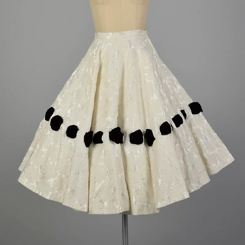 XS 1950s  White Brocade Circle Skirt with Velvet Ribbon silk skirt smooth
