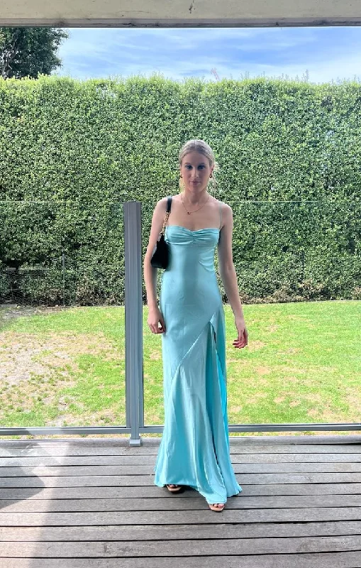 Blue Straps A-Line Satin Long Party Dress Wedding Guest Dress, DP4059 Tunics Evening elegant
