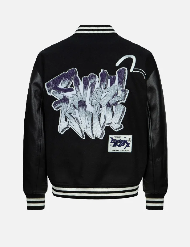 Gradated Logo Embroidered Patch Oversized Varsity Jacket Tiered Jacket Buttoned Jacket Zippered Jacket