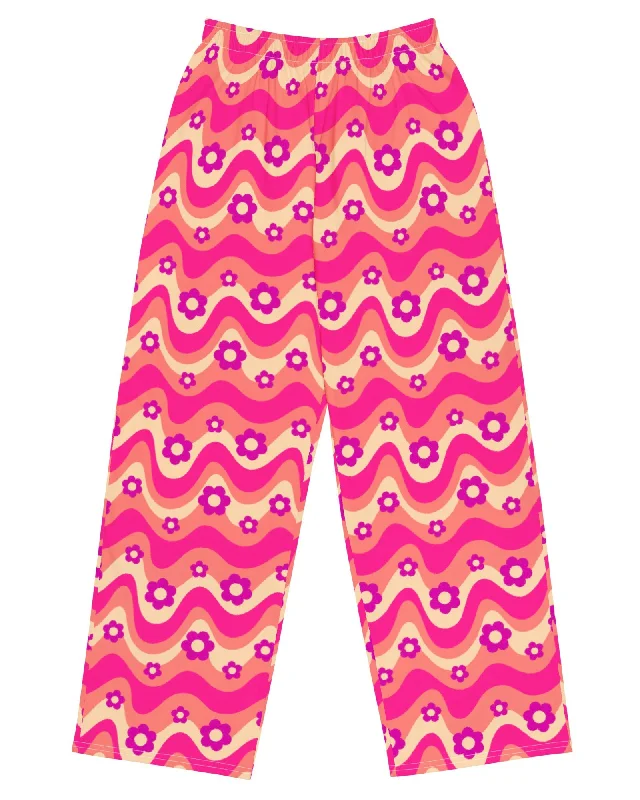 Flower Power Pink Wide Leg Pants Comfy Cargo Trousers