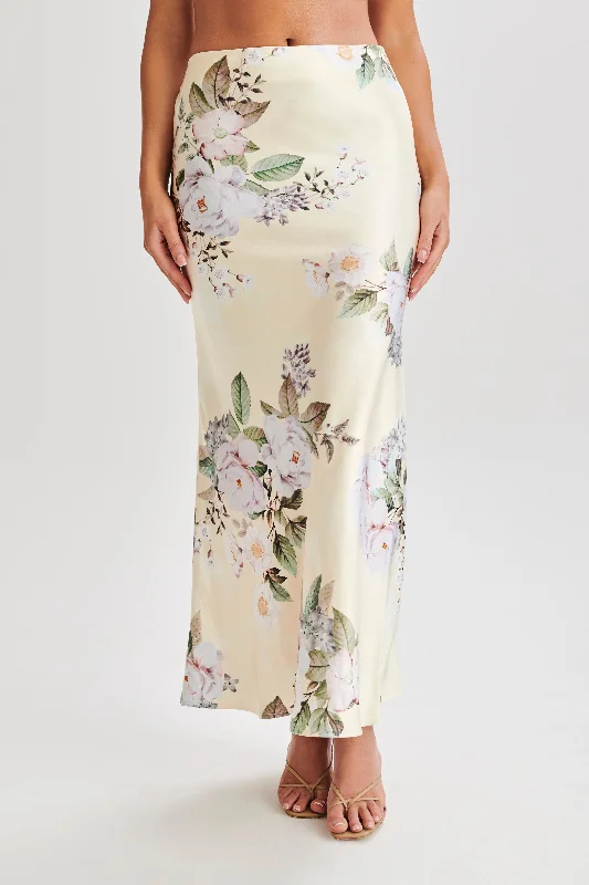 Karley Floral Satin Midi Skirt - Lemon Floral Print leather skirt sleek
