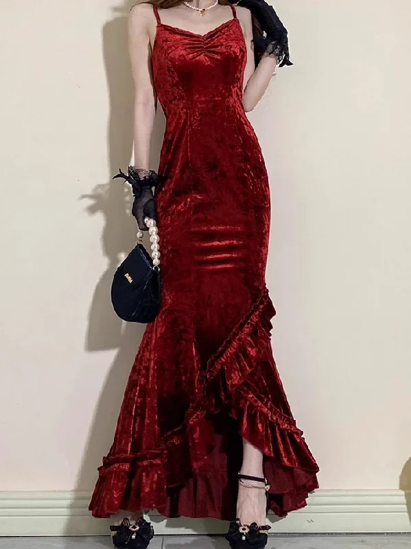 Vintage Burgundy Mermaid Ruffles Prom Dress Spaghetti Straps Long Party Dress Evening Dress cc1461 Tunics Essential wardrobe