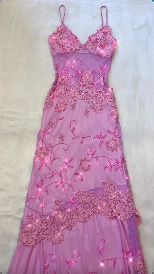 Pink Spaghetti Straps Beading Sheath Vintage Long Party Dress Evening Gown, DP4387 Tunics Mesh breathable