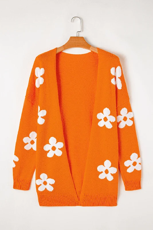 Floral Knitted Open Front Loose Cardigan Elasticated Padded Insulated