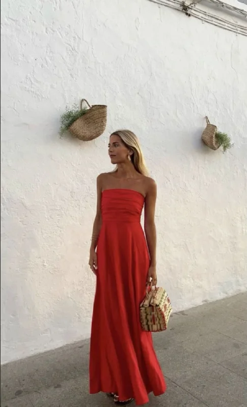 Simple Straplesss A-Line Red Party Dress Wedding Guest Dress, DP4206 Tunics Office stylish