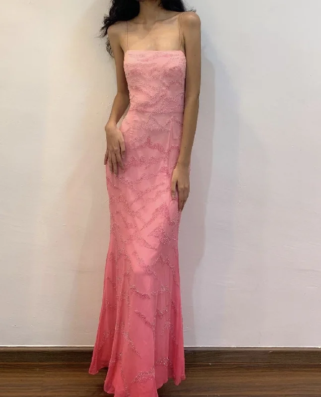 Pink Spaghetti Straps Sheath Vintage Long Party Dress Formal Evening Dress, DP4610 Off-the-shoulder Chic Trendy
