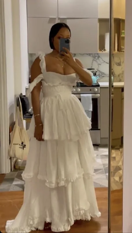 Elegant White Chiffon Ruffles Prom Dress Formal Wedding Dress Party Dress cc2211 Boat Neckline Classic