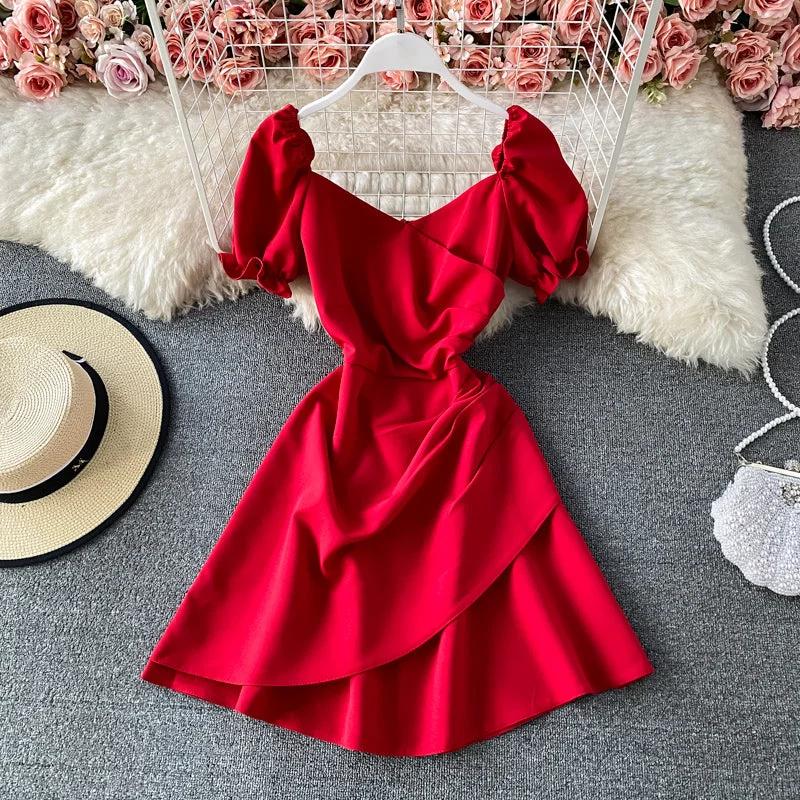 Retro French waist closing slim bubble sleeve backless skirt  2958 ruffled skirt detail