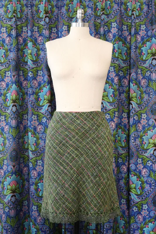 Spring Green Tweed Skirt S ruffled skirt detail